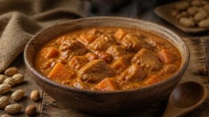 Západoafrická arašídová polévka neboli Mafe s kuřecím masem a batáty