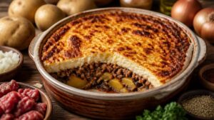 Zapečená moussaka s bramborami po albánsku: Sytý rodinný oběd s mletým masem a nadýchanou vaječnou krustou