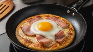 Zapečená tortilla s vajíčkem, šunkou a sýrem z jedné pánve