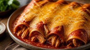 Zapečené Enchiladas s kuřecím masem, červenou chilli omáčkou a rozteklým sýrem