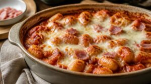 Zapečené gnocchi s rajčatovou omáčkou, šunkou a mozzarellou