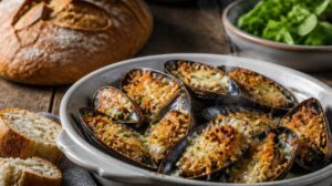 Zapečené slávky s parmazánem, strouhankou a česnekem (cozze gratinate)
