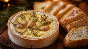 Zapečený camembert v krabičce s česnekem, rozmarýnem a bagetou