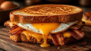Zapečený sendvič se sýrem cheddar, slaninou a volským okem