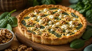 Zapečený špenátový quiche s kozím sýrem a vlašskými ořechy: Elegantní slaný koláč, který ohromí každou návštěvu