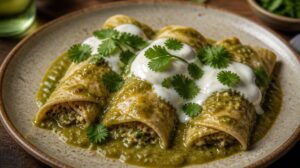 Zelené Enchiladas Verdes s omáčkou z tomatillos, zakysanou smetanou a koriandrem