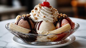 Zmrzlinový pohár Banana Split s čokoládovým topingem a šlehačkou